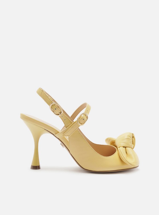 Sapato Boneca Amarelo Couro Salto Fino Laço