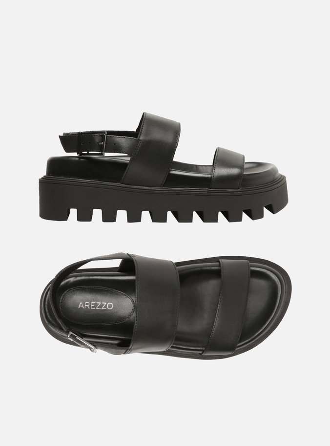 Sandália Preta Couro Flatform Tratorada