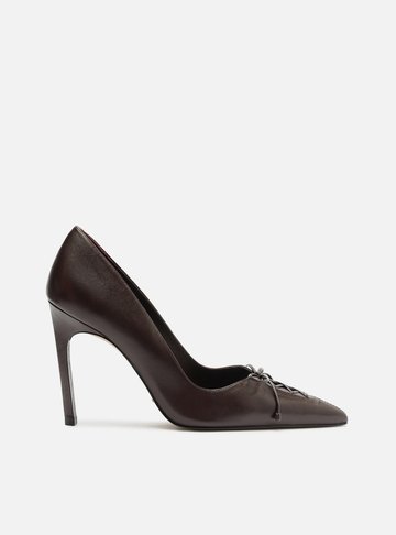 Scarpin Marrom Couro Salto Alto Fino Lacing