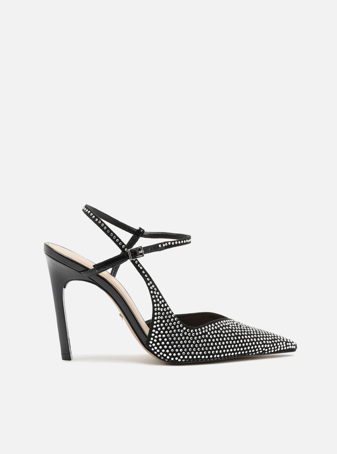 Scarpin Preto Salto Alto Slingback Cruzado Strass
