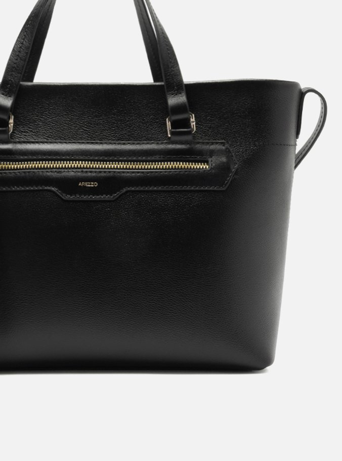 Bolsa Tote Preta Couro Média Bolso Frontal