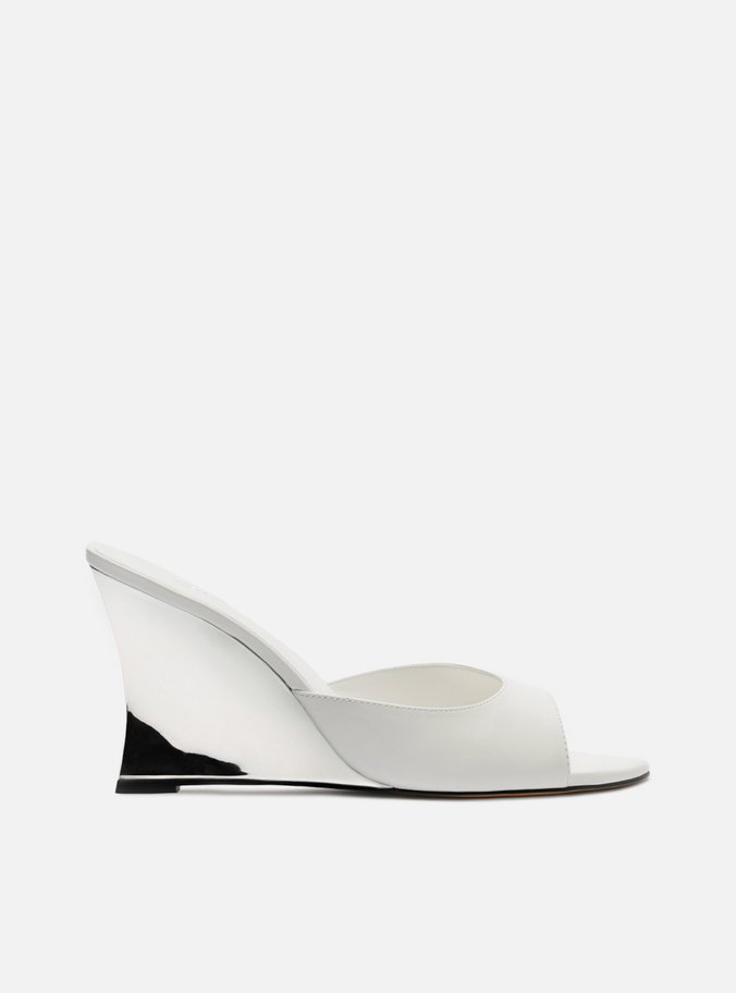 Tamanco Branco Couro Salto Alto Anabela Prata