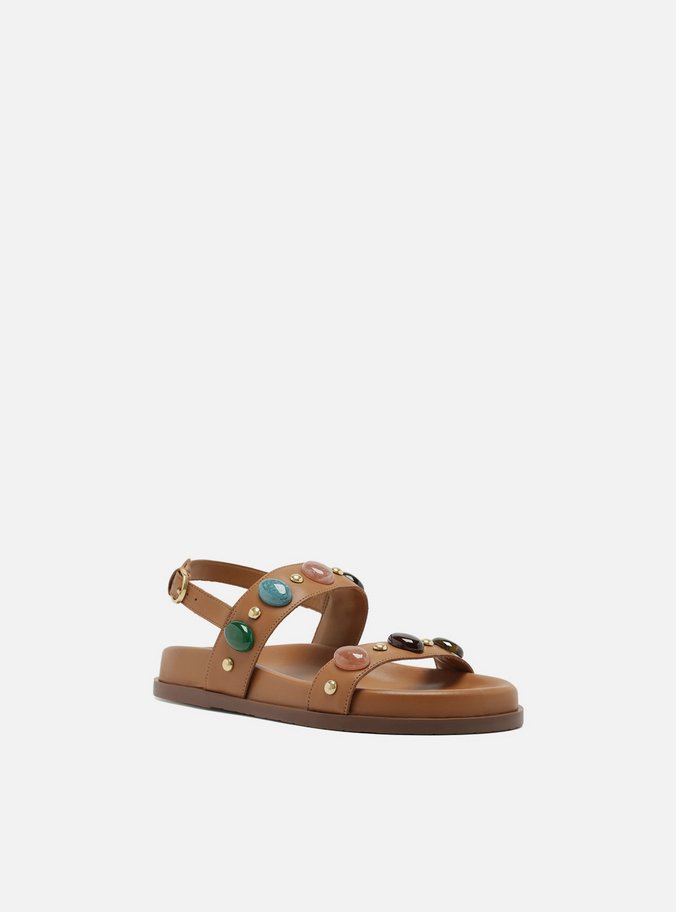 Sandália Papete Marrom Couro Pedras Boho