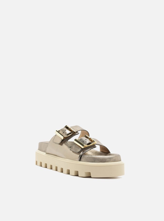 Sandália Metalizada Couro Flatform Tratorada