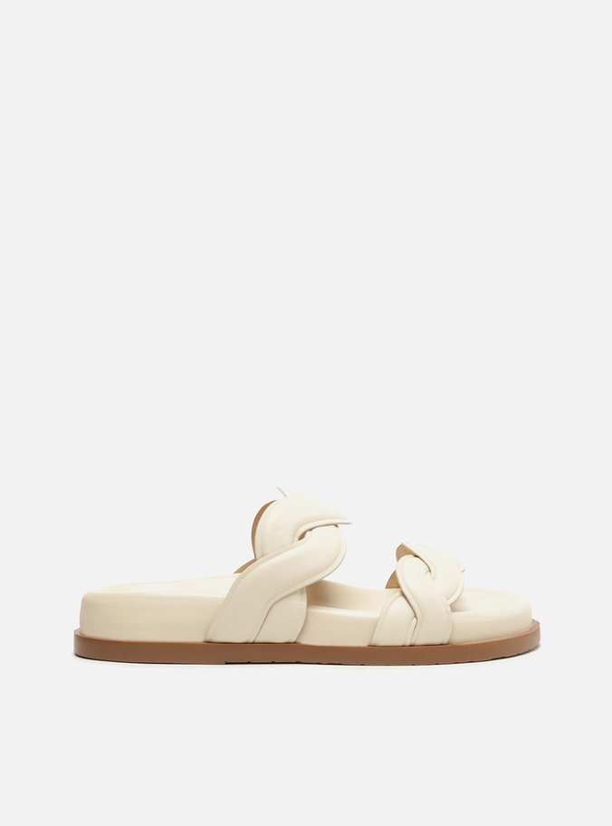 Sandália Papete Rasteira Off-White Couro Tiras Trama