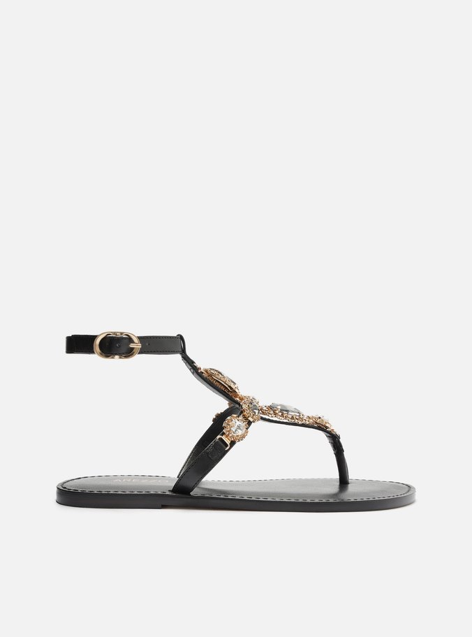 Rasteira Preta Couro Slim Maxi Pedraria Fivela