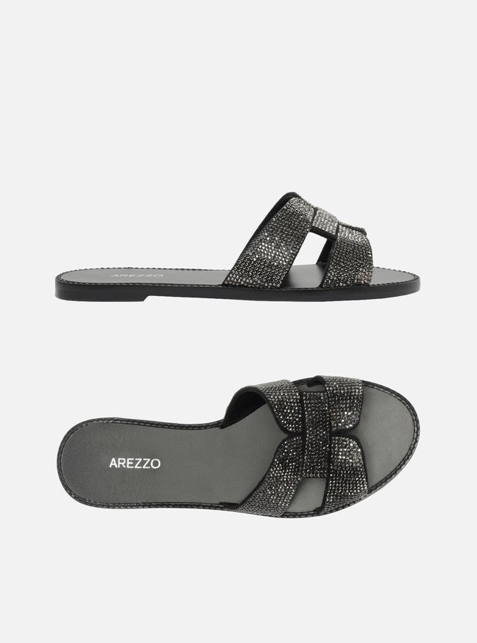 Rasteira Preta Metalizada Strass