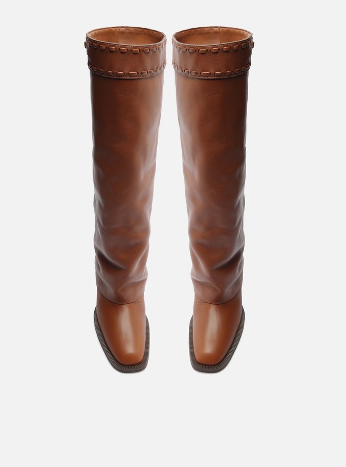 Bota Caramelo Couro Cano Longo Polaina Folk