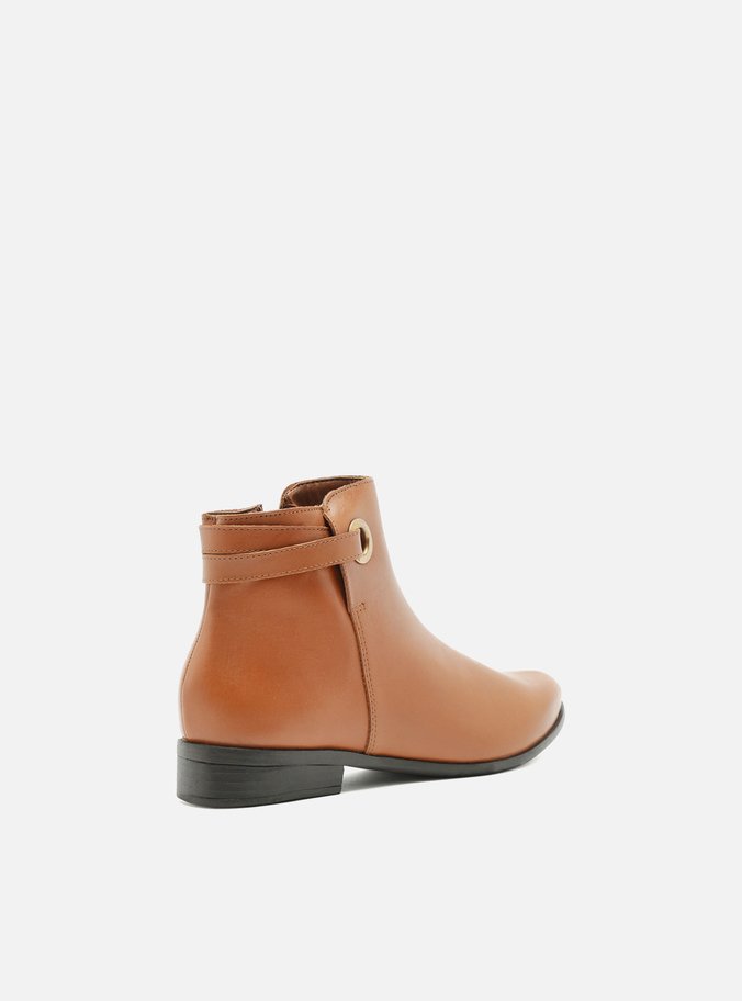 Bota Caramelo Couro Cano Curto Salto Baixo Ilhós