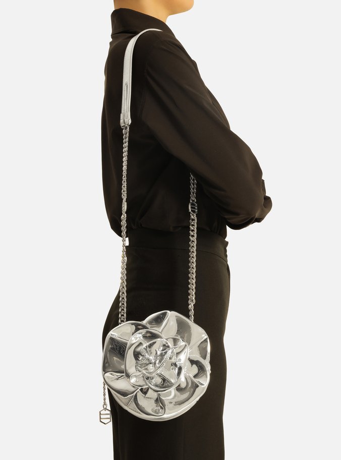 Bolsa Tiracolo Prata Couro Pequena Flor