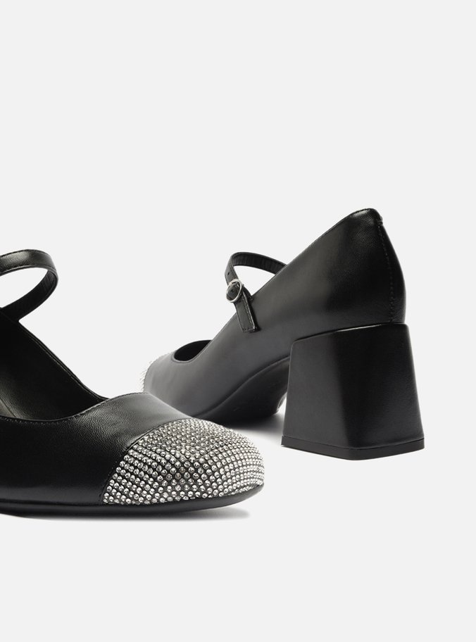 Sapato Boneca Preto Couro Salto Bloco Strass
