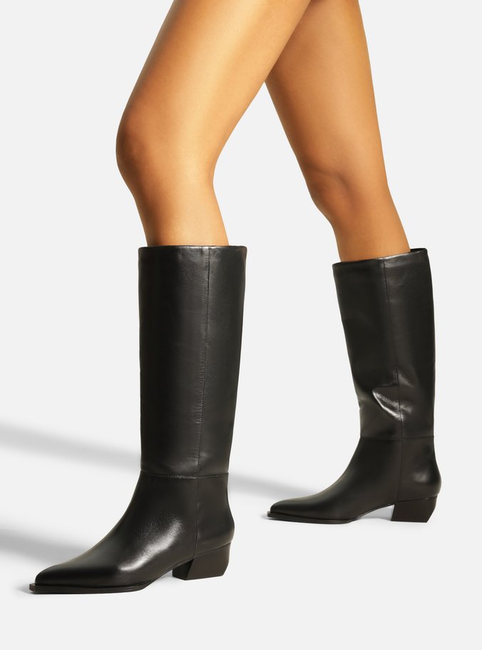 Bota Preta Couro Cano Longo Salto Bloco