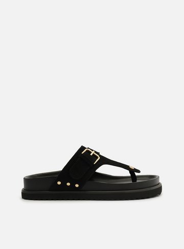 Sandália Papete Preta Suede Tira Fivela