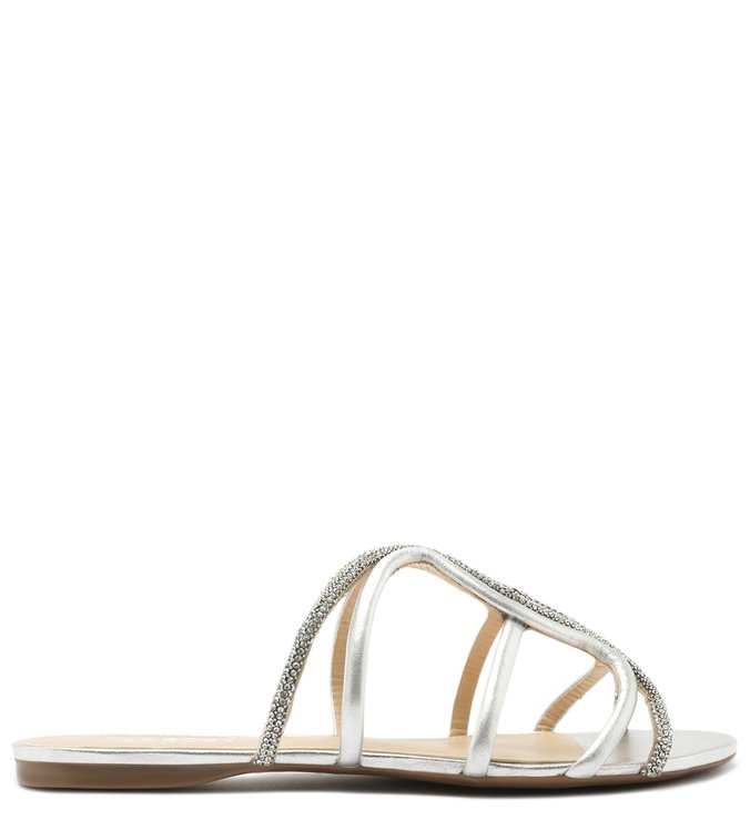 Sandália Rasteira Couro Metalizado Malha Glam Silver