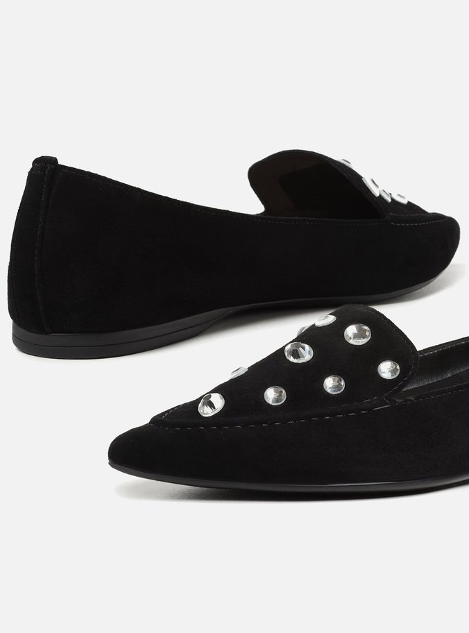 Mocassim Preto Couro Salto Rasteiro Strass