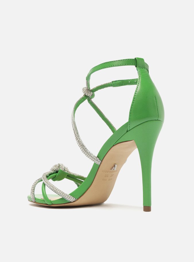 Sandália Verde Salto Alto Fino Tiras Strass