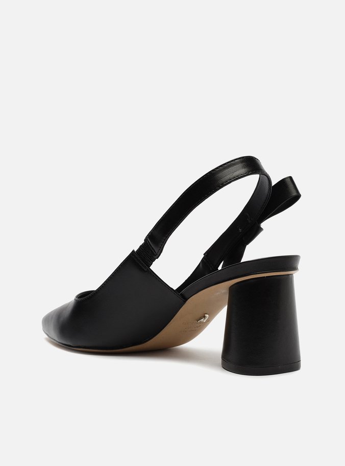 Scarpin Preto Couro Bloco Slingback Laço
