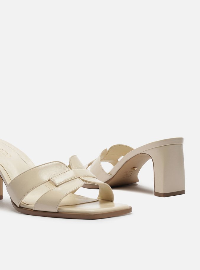 Mule Branco Couro Bloco Bico Quadrado