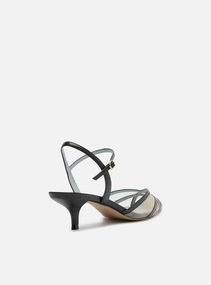Scarpin Preto Couro Tela Salto Baixo Fivela