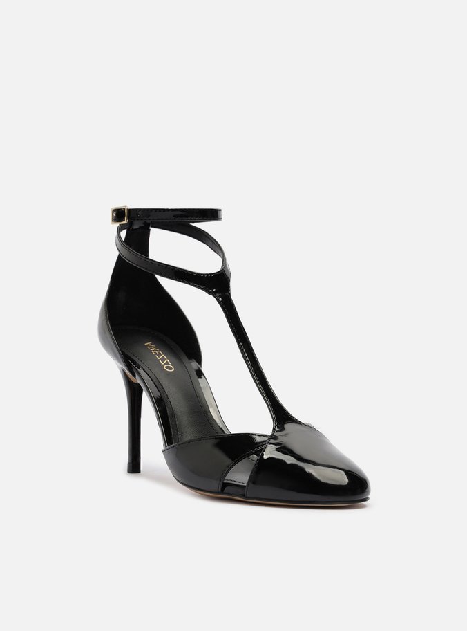 Scarpin Preto Verniz Salto Alto Tira Recortes