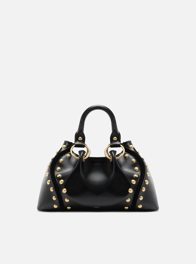 Bolsa Tote Preta Couro Média Rebites