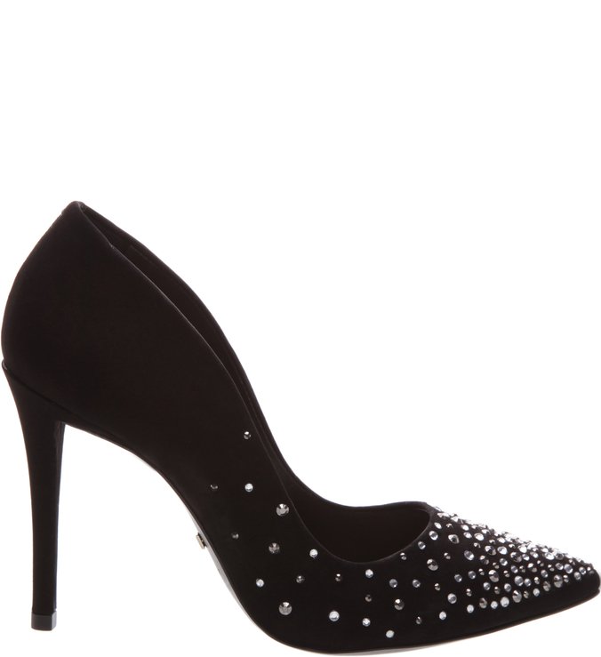 Scarpin Nobuck Strass Salto Fino Preto