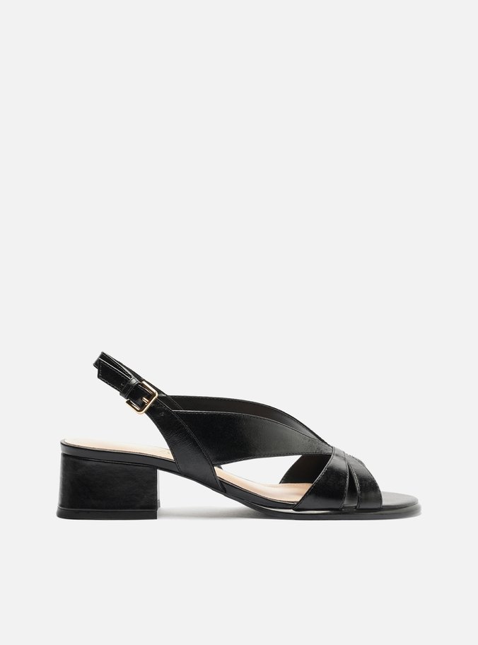 Sandália Preta Couro Salto Bloco