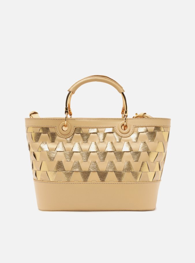 Bolsa Tote Nude Couro Bicolor Média Dourada