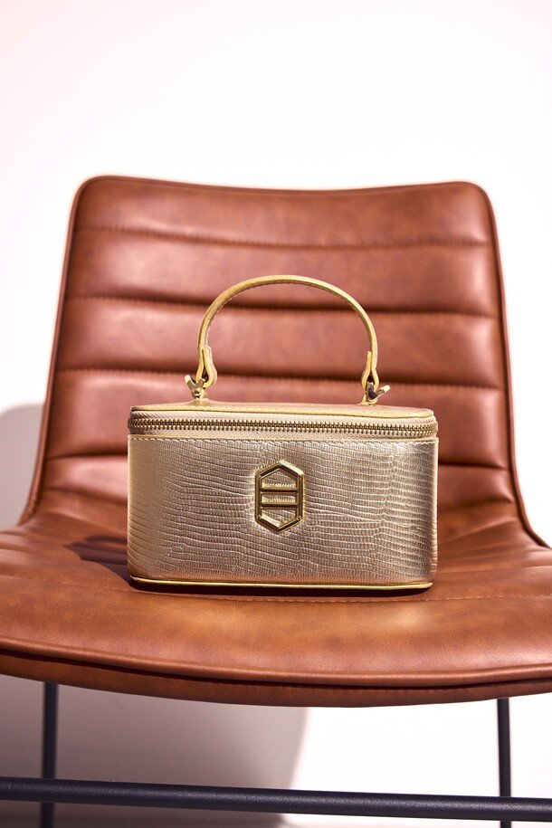 Bolsa Tiracolo Dourada Couro Pequena Croco Corrente