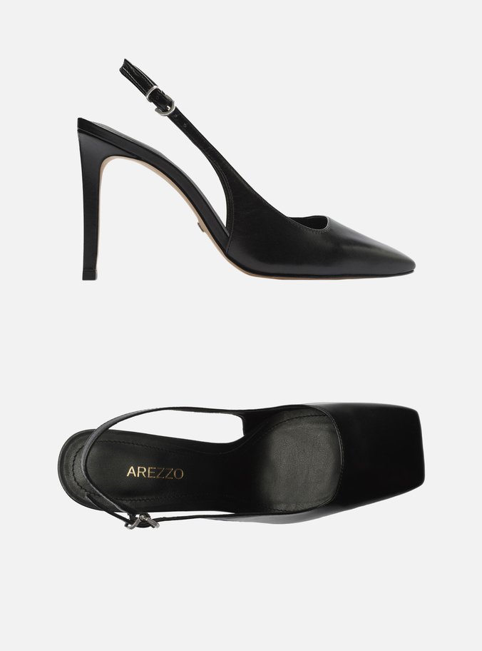 Scarpin Preto Couro Bico Quadrado Slingback