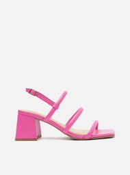 Sandália Rosa Salto Bloco Flare Tiras Finas