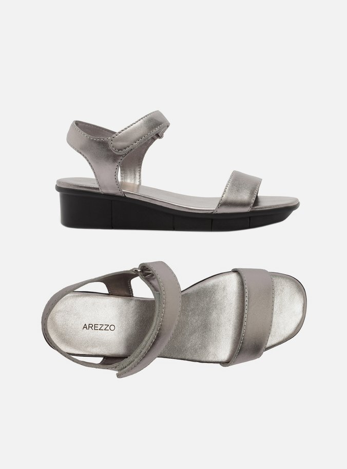 Sandália Prata Couro Flatform Velcro Comfort