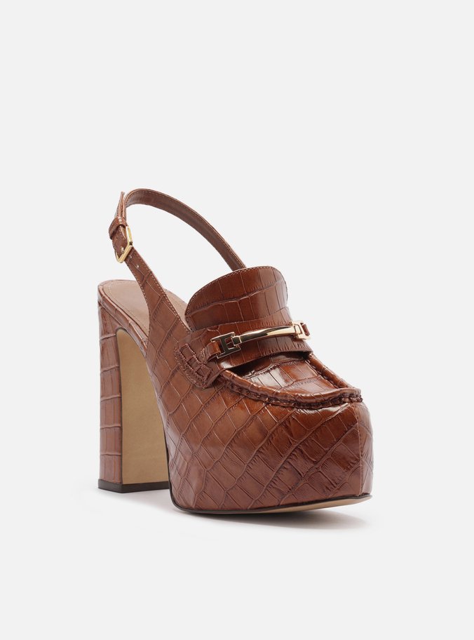 Loafer Marrom Croco Salto Bloco Meia Pata