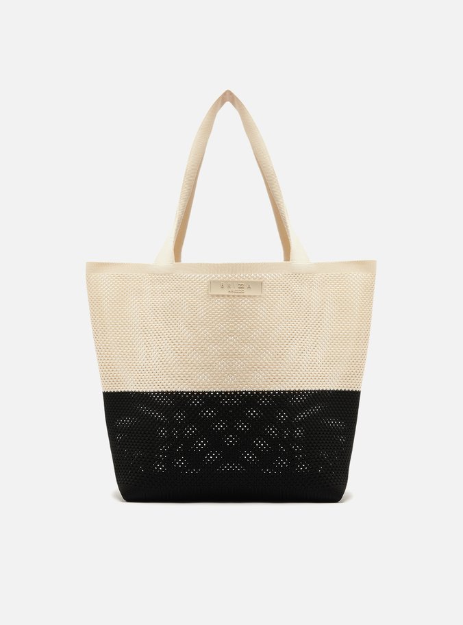 Bolsa Shopping Bege e Preta Grande Crochê