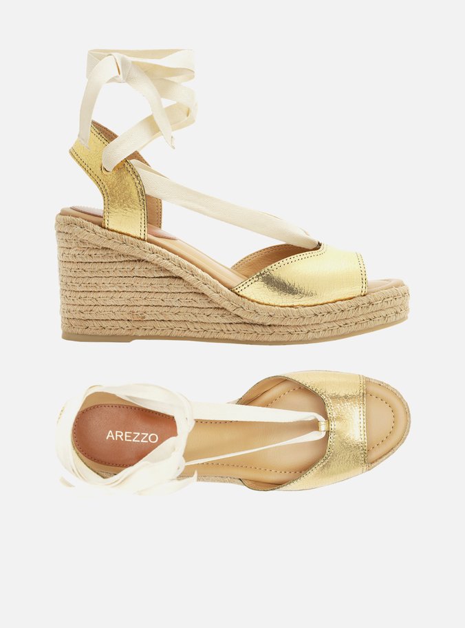Espadrille Dourada Couro Plataforma Amarração