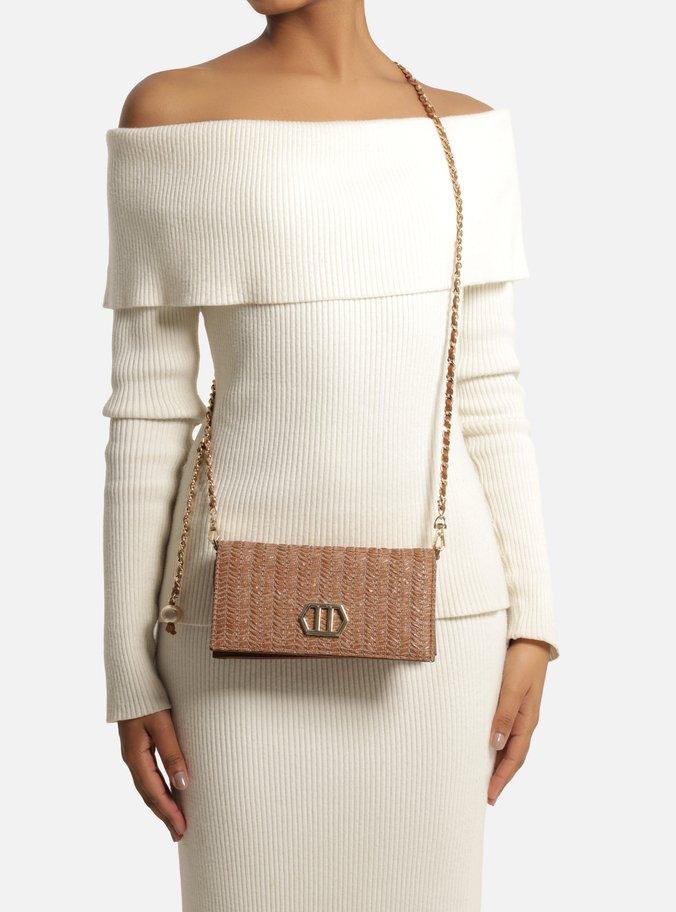 Clutch Marrom Couro Tramado Metal Geométrico