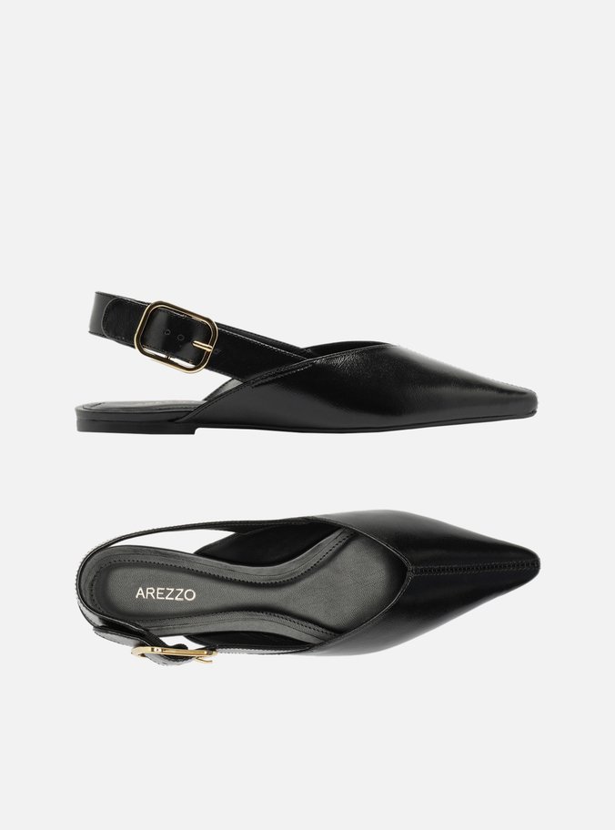 Sapatilha Preta Couro Slingback Fivela