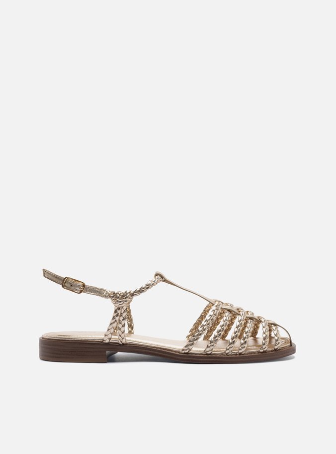 Sandália Rasteira Dourada Tiras Trançadas Fisherman