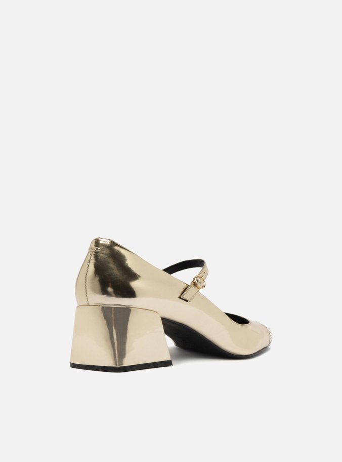 Sapato Boneca Dourado Salto Bloco Strass