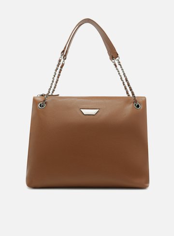 Bolsa Tote Marrom Couro Média Lapela Metal