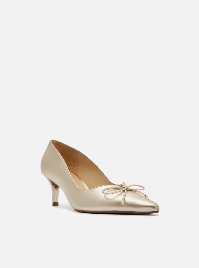 Scarpin Dourado Couro Salto Médio Fino Laço
