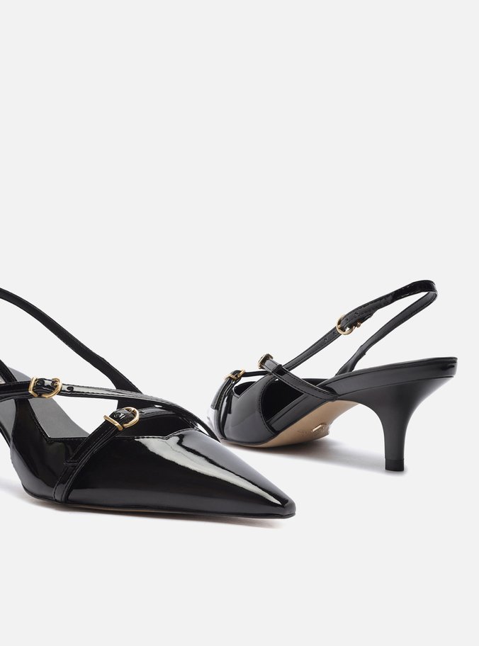 Scarpin Preto Verniz Salto Médio Slingback Amélia