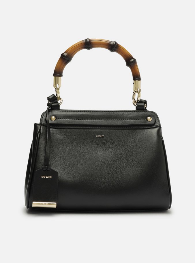 Bolsa Tote Preta Couro Média Alça Bambu