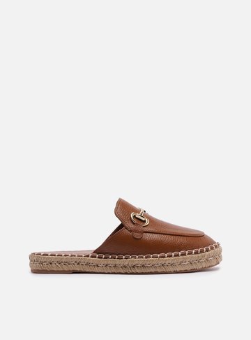 Mule Marrom Couro Espadrille Bridão Metálico