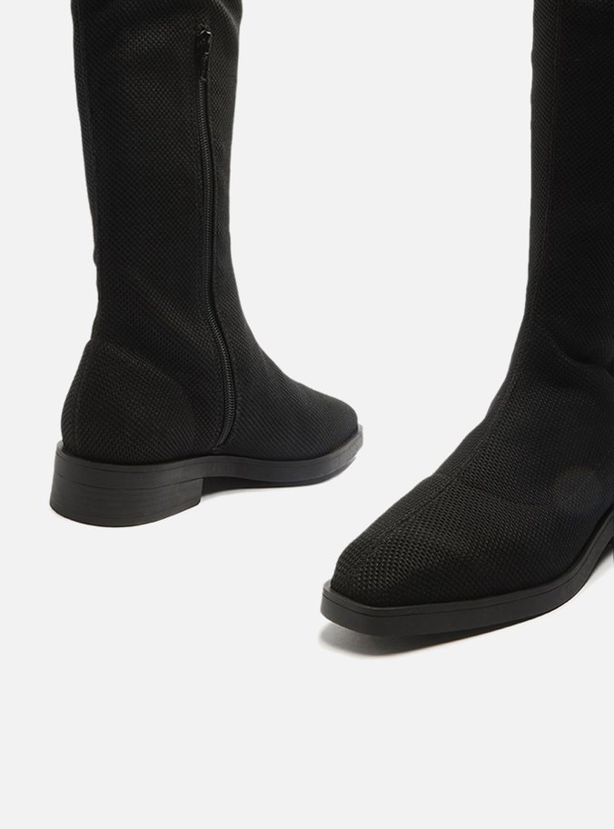 Bota Over The Knee Preta Tecido Salto Baixo
