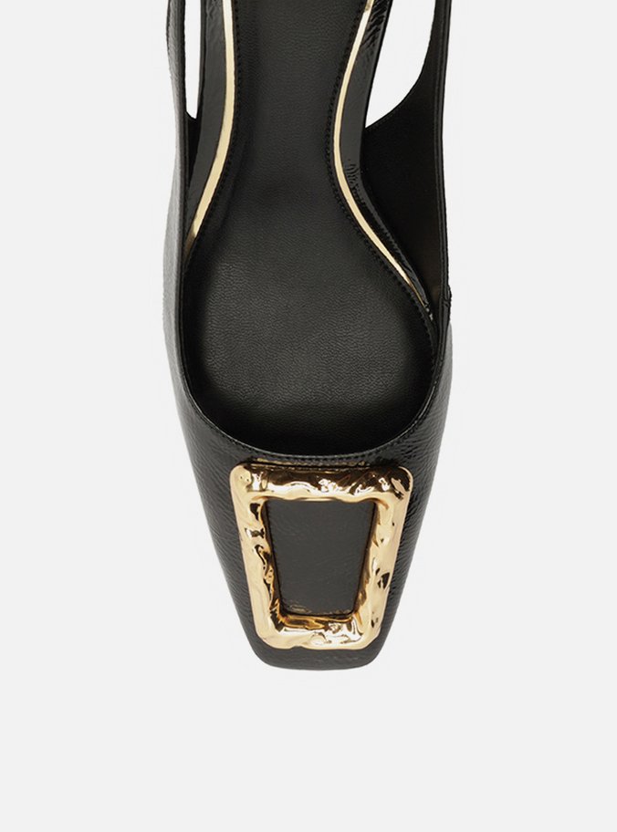 Scarpin Preto Slingback Salto Médio Verniz