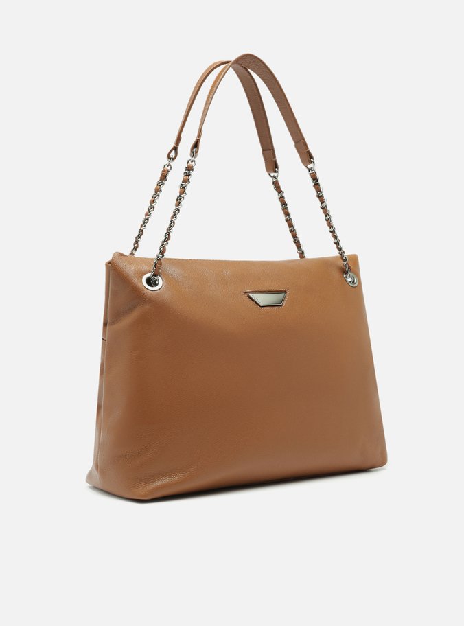 Bolsa Tote Marrom Couro Média Lapela Metal