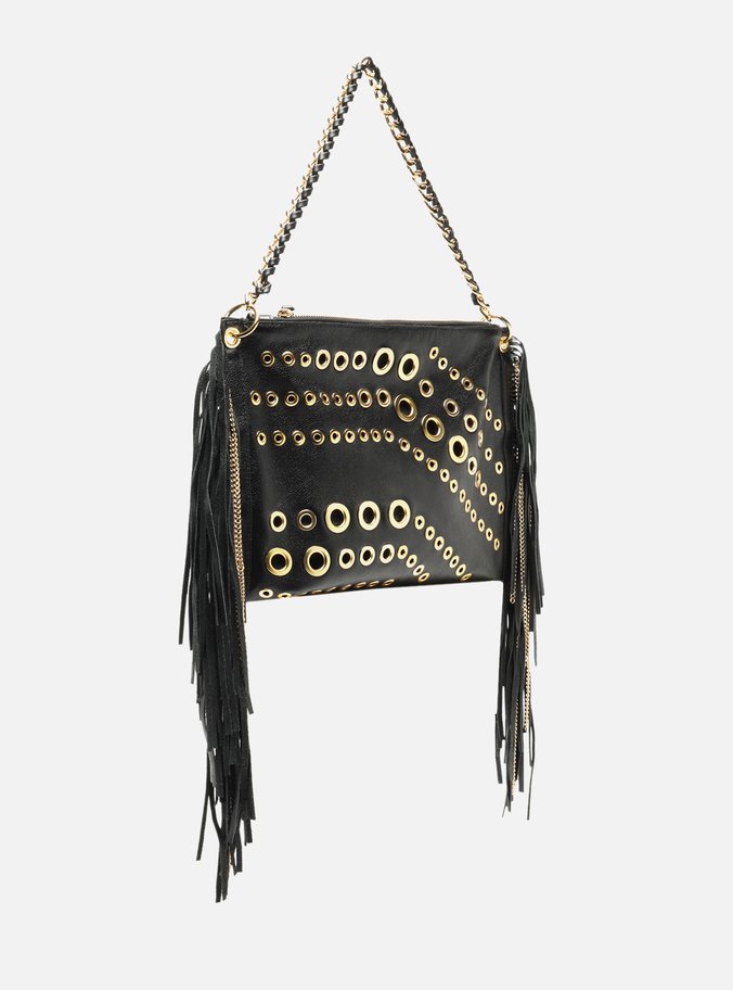 Bolsa Tiracolo Preta Couro Grande Franjas