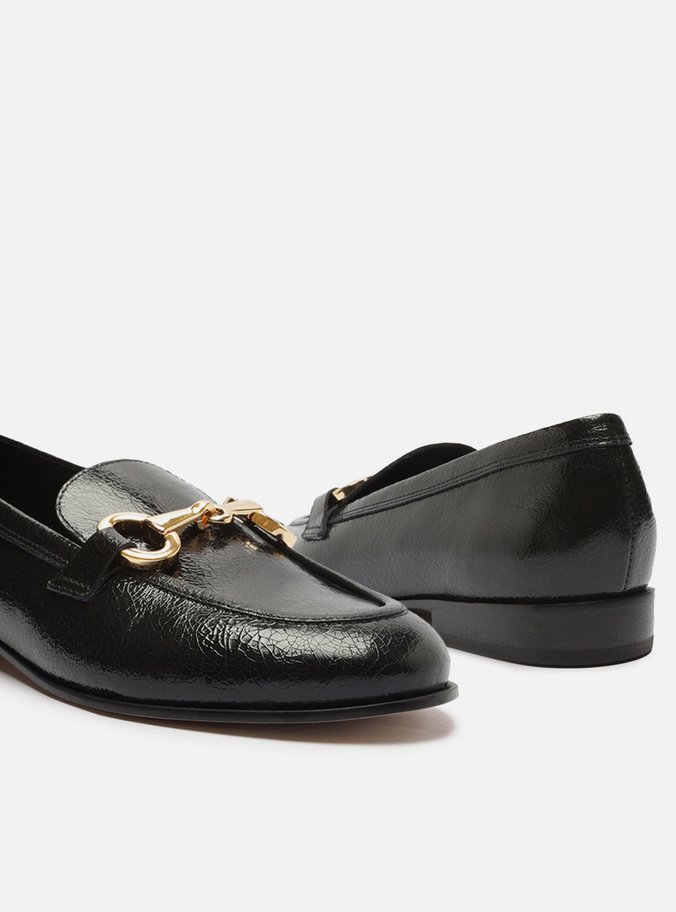Mocassim Preto Couro Shine Bridão Dourado