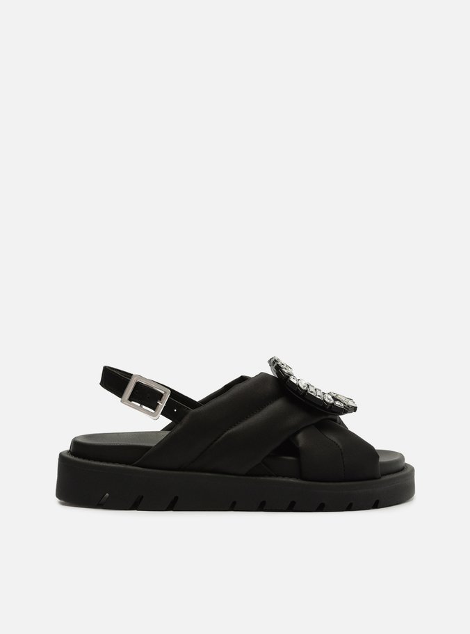 Sandália Papete Preta Cetim Flatform Pedraria